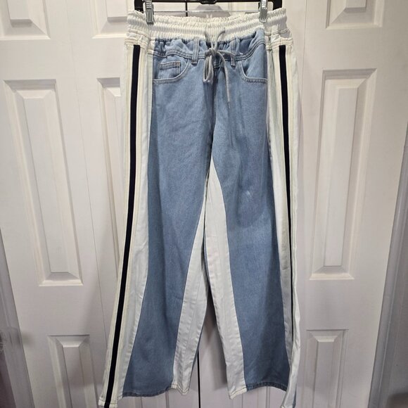 New Wide Leg Baggy Patchwork Stripe Denim Jeans – Size 0XL - Picture 1 of 8